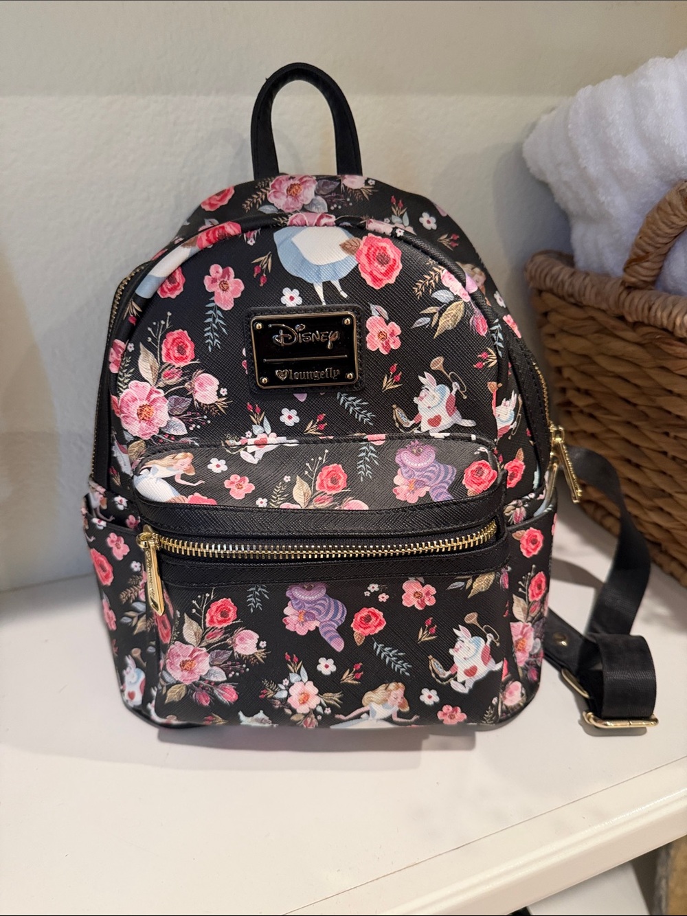 Loungefly Black Floral Disney Mini Alvin’s in Wonder Backpack with Gold Hardware
